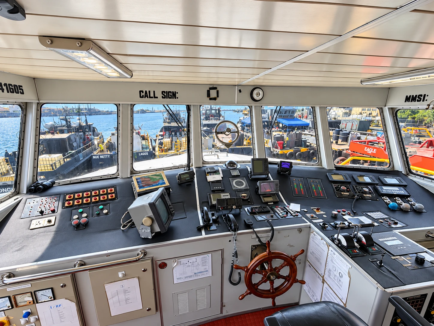 Vessel wheelhouse and harbour view