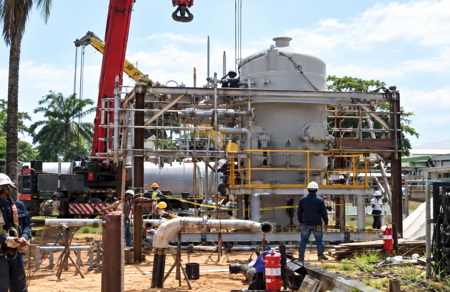 Installed surge vessel with piping and structural supports