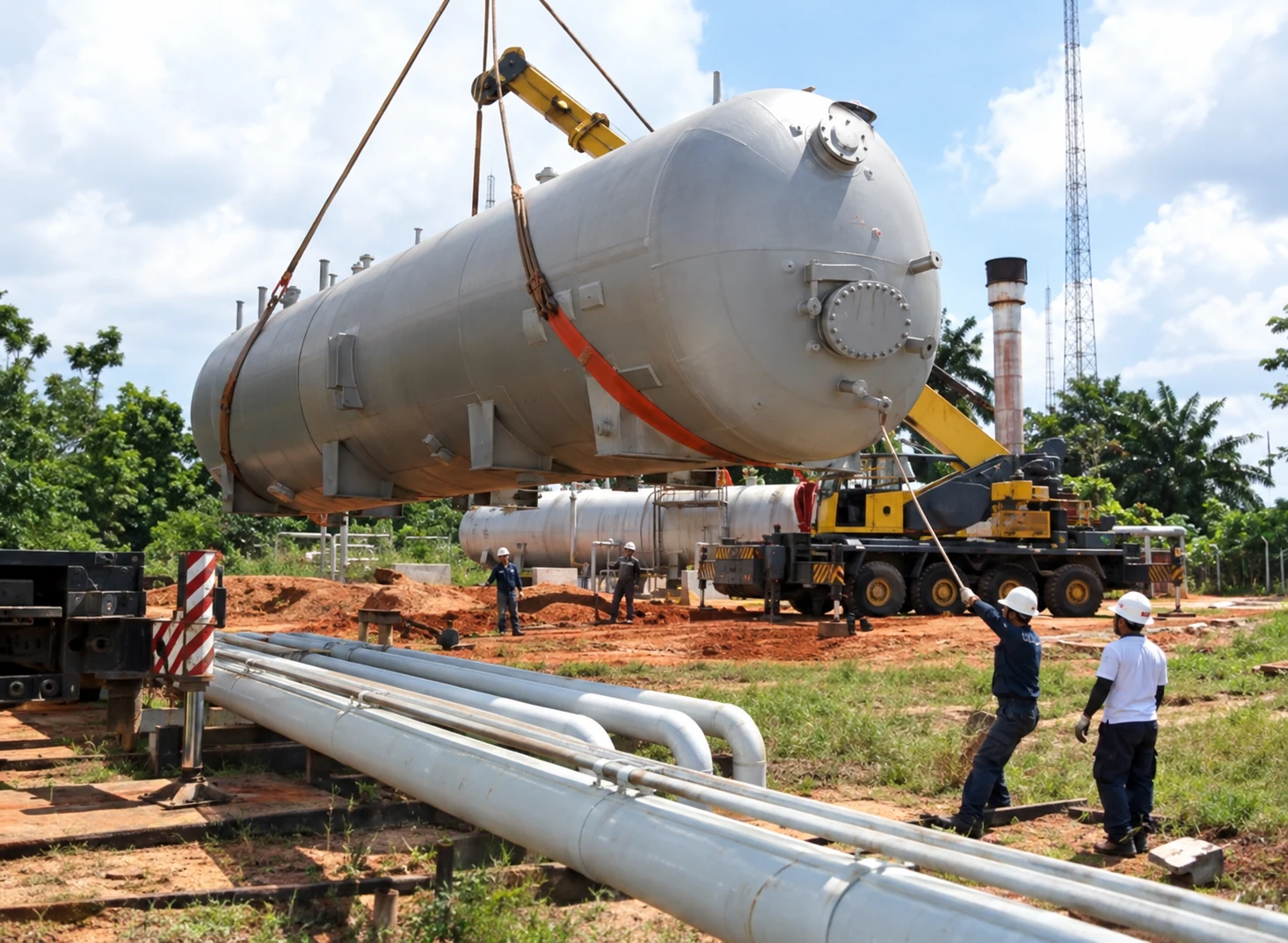 Crane lifting a surge vessel at the project installation site