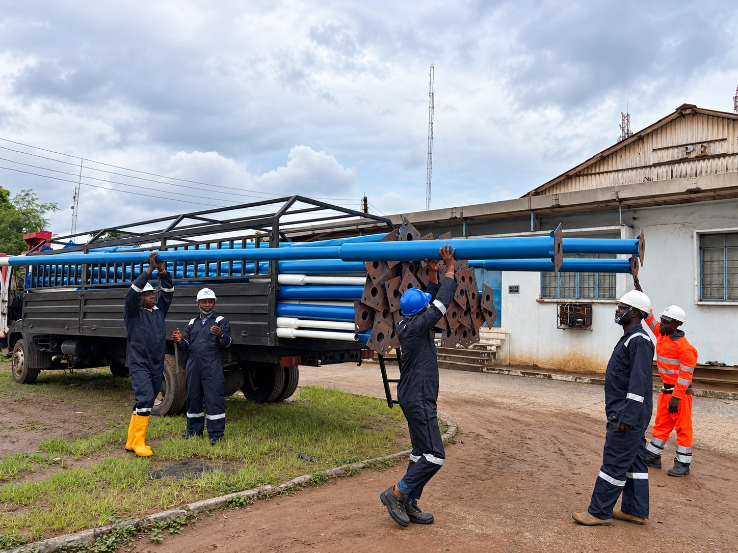 Personnel reviewing equipment and materials in the field yard